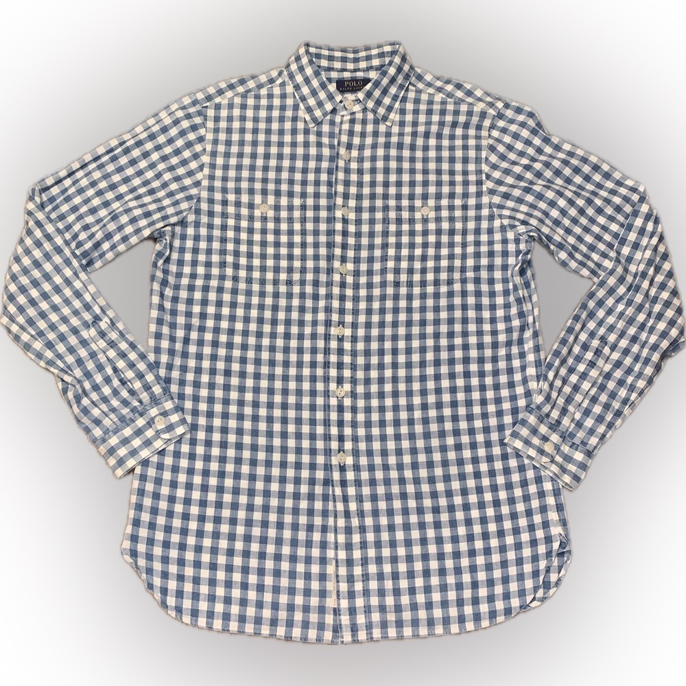 Polo Ralph Lauren Blue White Plaid Check Gingham Chest Pocket Rustic Shirt M